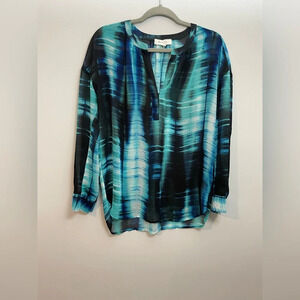 Two By Vince Camuto Aqua & Black Sheer Blouse With Roll Tab Sleeves Size XS